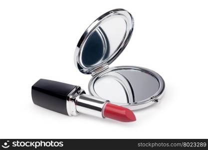 Red lipstick and mirror. Red lipstick and mirror on white background