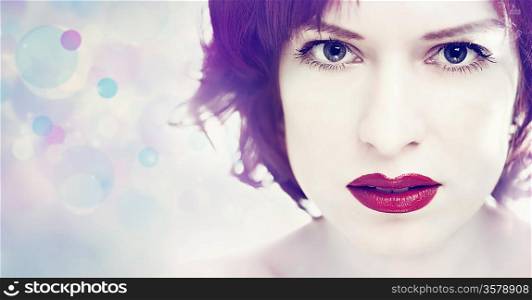 Red lipstick. Beauty white woman portrait