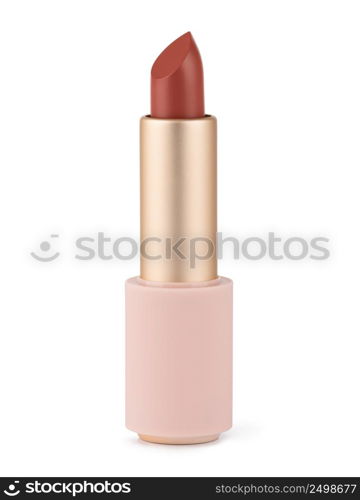 Red lipstick isolated on white. Velvet matte satin airy lip stick new open.