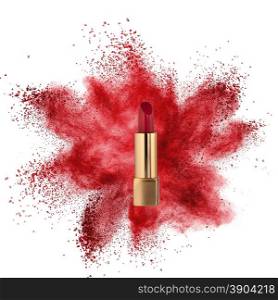 Red lipstick with powder explosion isolated on white background