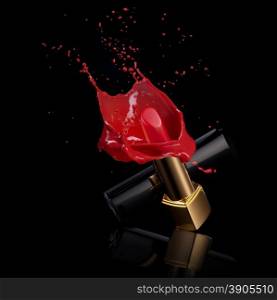 red lipstick with splash of paint isolated on black