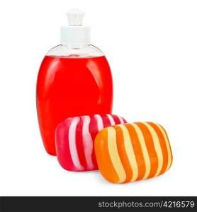 Red liquid soap in a bottle, solid red and orange striped soap isolated on white background