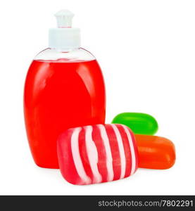 Red liquid soap in a bottle, solid red, green and striped soap isolated on white background