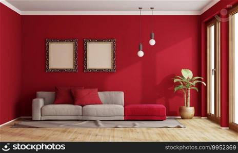 Red living room with modern sofa and old frame on wall - 3d rendering. Red living room with modern sofa