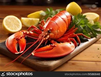 Red lobster with lemons and parsley on chopping board.AI Generative