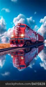 Red Locomotive Traveling Through Blue Clouds. Generative ai. High quality illustration. Red Locomotive Traveling Through Blue Clouds. Generative ai