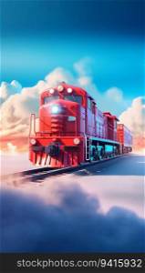 Red Locomotive Traveling Through Blue Clouds. Generative ai. High quality illustration. Red Locomotive Traveling Through Blue Clouds. Generative ai