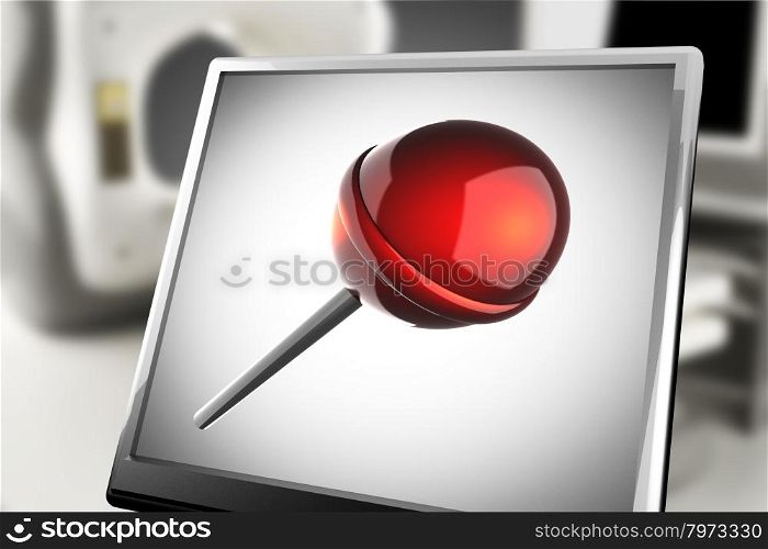 Red lollipop on monitor in laboratory