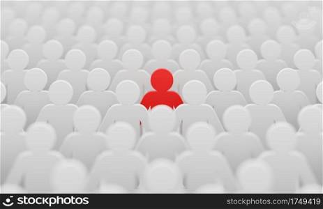 Red man color figurine among crowd white men people background. Social lifestyle and business competition and strange person concept. Human character symbol theme. 3D illustration rendering.