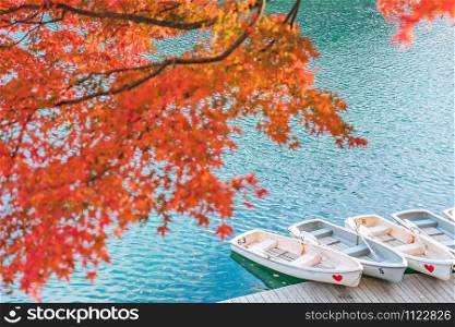 Red maple leaf on Goshikinuma or Five Colored Pond with Lover couple background, a popular destination in Bandai Highlands in autumn in Fukushima prefecture, Japan