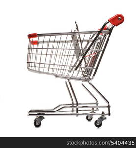 Red matal shopping trolley isolated on white background