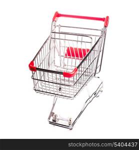 Red matal shopping trolley isolated on white background