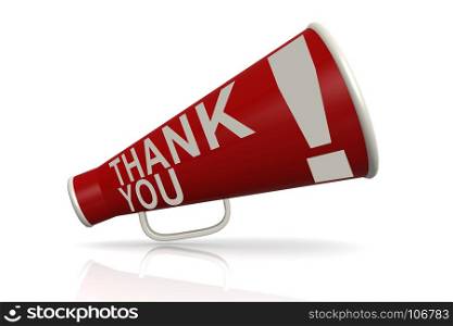 Red megaphone with thank you word isolated on white, 3D rendering