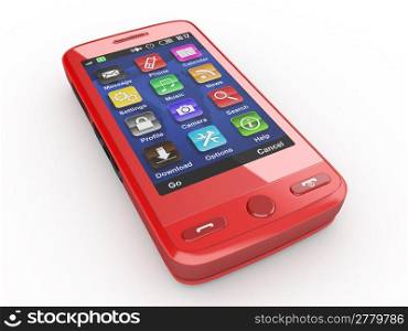 Red mobile phone on white isolated background. 3d