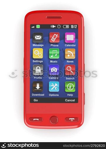 Red mobile phone on white isolated background. 3d