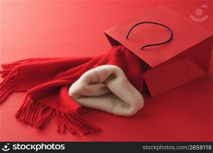 Red muffler and Knit cap and Red paper bag