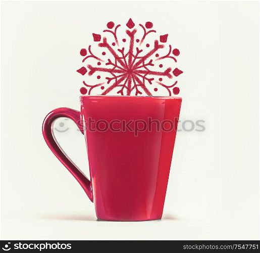 Red mug with big snowflakes at white background. Winter and Christmas concept. Creative layout with copy space for design