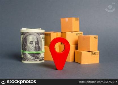 Red navigational location designator, cardboard boxes and a Roll bundle of dollars. Business and commerce. Local economy and manufacture. Production and export of products, goods. Globalization