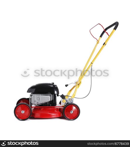 Red new retro-styled lawn mower isolated on white with natural shadow.
