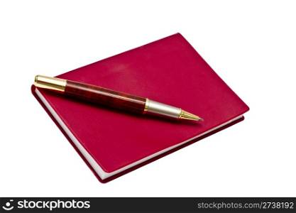 Red note book and pen isolated on white background