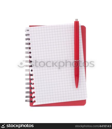 Red notebook with notice paper and pen isolated on white background cutout