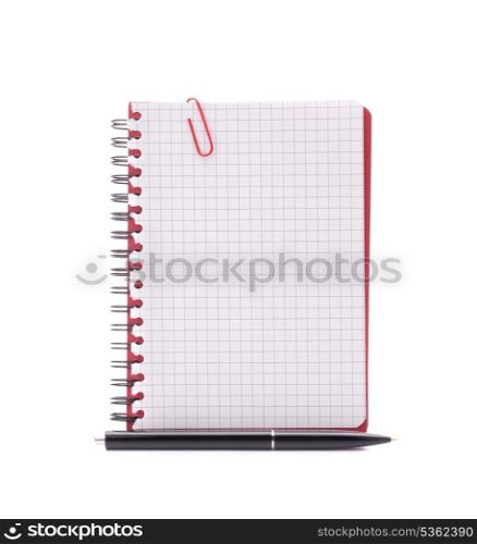 Red notebook with notice paper and pen isolated on white background cutout