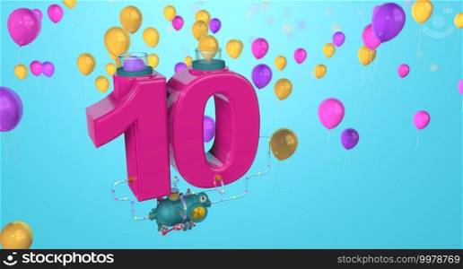 Red number 10 floating in the air connected to a compressor through glass pipes expelling balloons through glass tubes on a blue background with yellow, red and purple balloons. 3D Illustration. Number 10 floating in the air connected to a compressor by glass pipes expelling balloons on a blue background with yellow, red and purple balloons. 3D Illustration