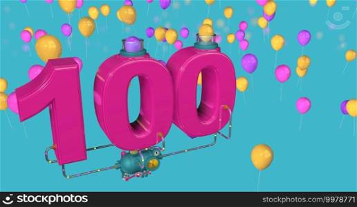 Red number 100 floating in the air connected to a compressor through glass pipes expelling balloons through glass tubes on a blue background with yellow, red and purple balloons. 3D Illustration. Number 100 floating in the air connected to a compressor by glass pipes expelling balloons on a blue background with yellow, red and purple balloons. 3D Illustration