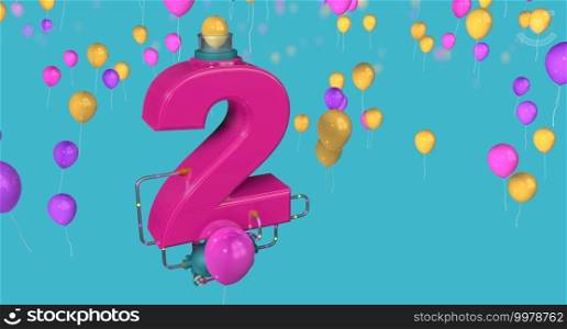 Red number 2 floating in the air connected to a compressor through glass pipes expelling balloons through glass tubes on a blue background with yellow, red and purple balloons. 3D Illustration. Number 2 floating in the air connected to a compressor by glass pipes expelling balloons on a blue background with yellow, red and purple balloons. 3D Illustration