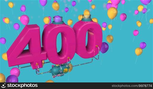 Red number 400 floating in the air connected to a compressor through glass pipes expelling balloons through glass tubes on a blue background with yellow, red and purple balloons. 3D Illustration. Number 400 floating in the air connected to a compressor by glass pipes expelling balloons on a blue background with yellow, red and purple balloons. 3D Illustration