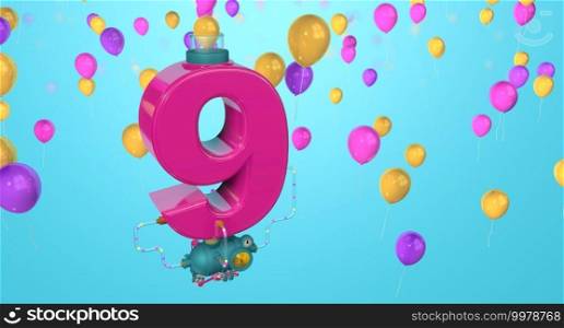 Red number 9 floating in the air connected to a compressor through glass pipes expelling balloons through glass tubes on a blue background with yellow, red and purple balloons. 3D Illustration. Number 9 floating in the air connected to a compressor by glass pipes expelling balloons on a blue background with yellow, red and purple balloons. 3D Illustration
