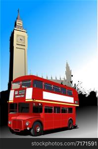Red old double Decker bus in London. Coach. Vector illustration