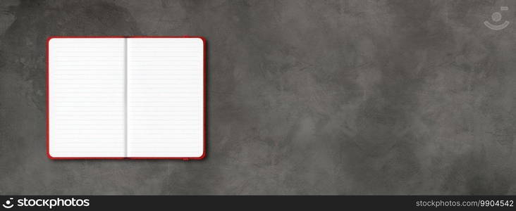 Red open lined notebook mockup isolated on dark concrete background. Horizontal banner. Red open lined notebook isolated on dark concrete background. Horizontal banner