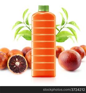 Red Orange juice in a plastic container jug with fresh orange and leaves on a white background. . Orange juice