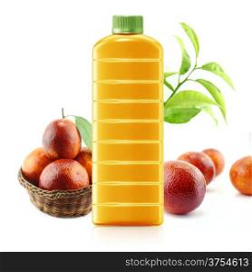 Red Orange juice in a plastic container jug with fresh orange and leaves on a white background. . Orange juice