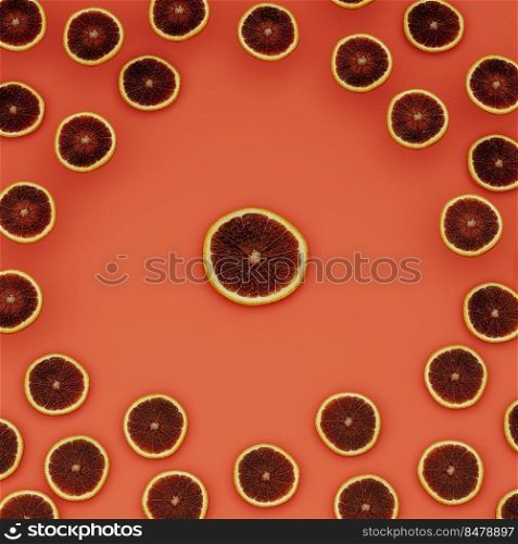 Red orange slices on orange surface, surrounding fruits, 3d rendering