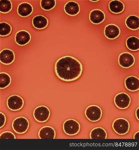 Red orange slices on orange surface, surrounding fruits, 3d rendering
