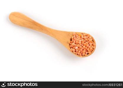 Red organic lentils in wooden spoon isolated on white background