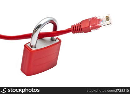 Red padlock and USB plug isolated on white