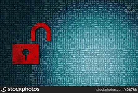 Red padlock unlock with digital screen, 3D rendering