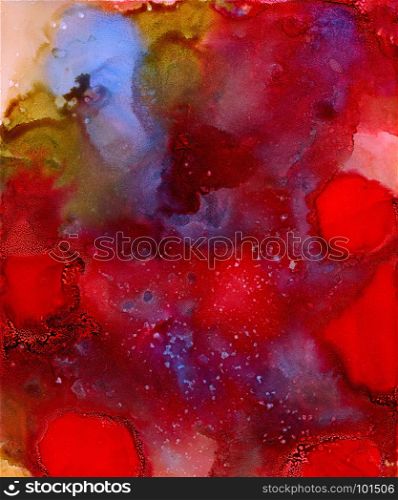Red paint spots with texture.Colorful background hand drawn with bright inks and watercolor paints. Color splashes and splatters create uneven artistic modern design.