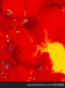 Red paint with some yellow mixing.Colorful background hand drawn with bright inks and watercolor paints. Color splashes and splatters create uneven artistic modern design.