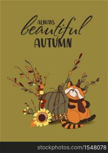 red panda, falling leaves, cozy food, nuts, mushrooms and pumpkin. Scrapbook collection of autumn season elements. Bright set for harvesting. Autumn postcard.. red panda, falling leaves, cozy food, nuts, mushrooms and pumpkin. Scrapbook collection of autumn season elements. Bright set for harvesting. Autumn postcard