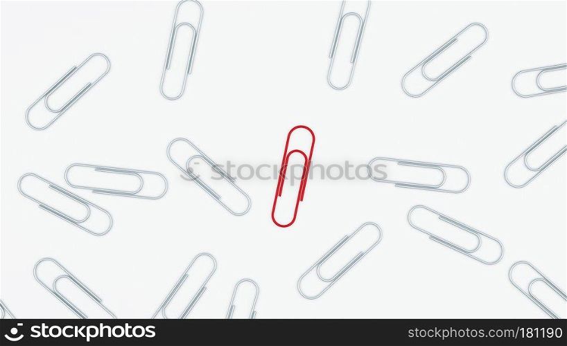 Red paper clips among white paper clips in unique business concept on white background, attached to paper. 3d illustration