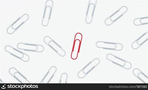 Red paper clips among white paper clips in unique business concept on white background, attached to paper. 3d illustration