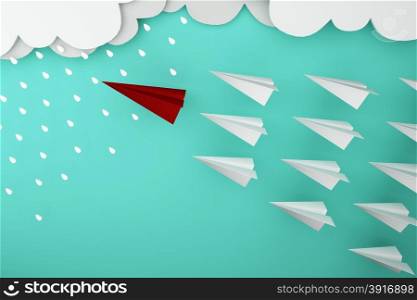 Red paper plane of leading leadership with rain concept