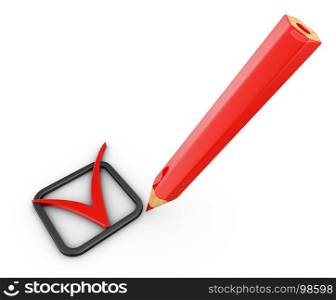 Red pencil and Heavy Check Mark. 3d rendering.