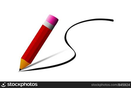 Red pencil with eraser isolated, 3D rendering