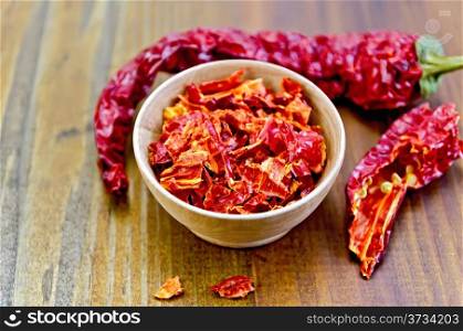 Red pepper flakes in a wooden bowl and a pod of dry red pepper on a wooden board