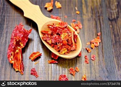Red pepper flakes in a wooden spoon and a pod of dry red pepper on a wooden board